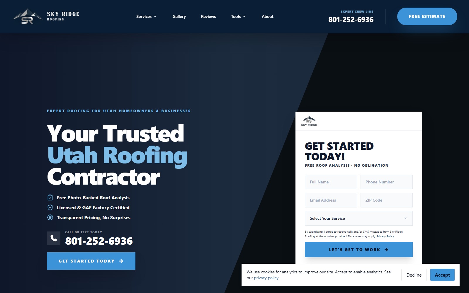 Sky Ridge Roofing Utah contractor website homepage
